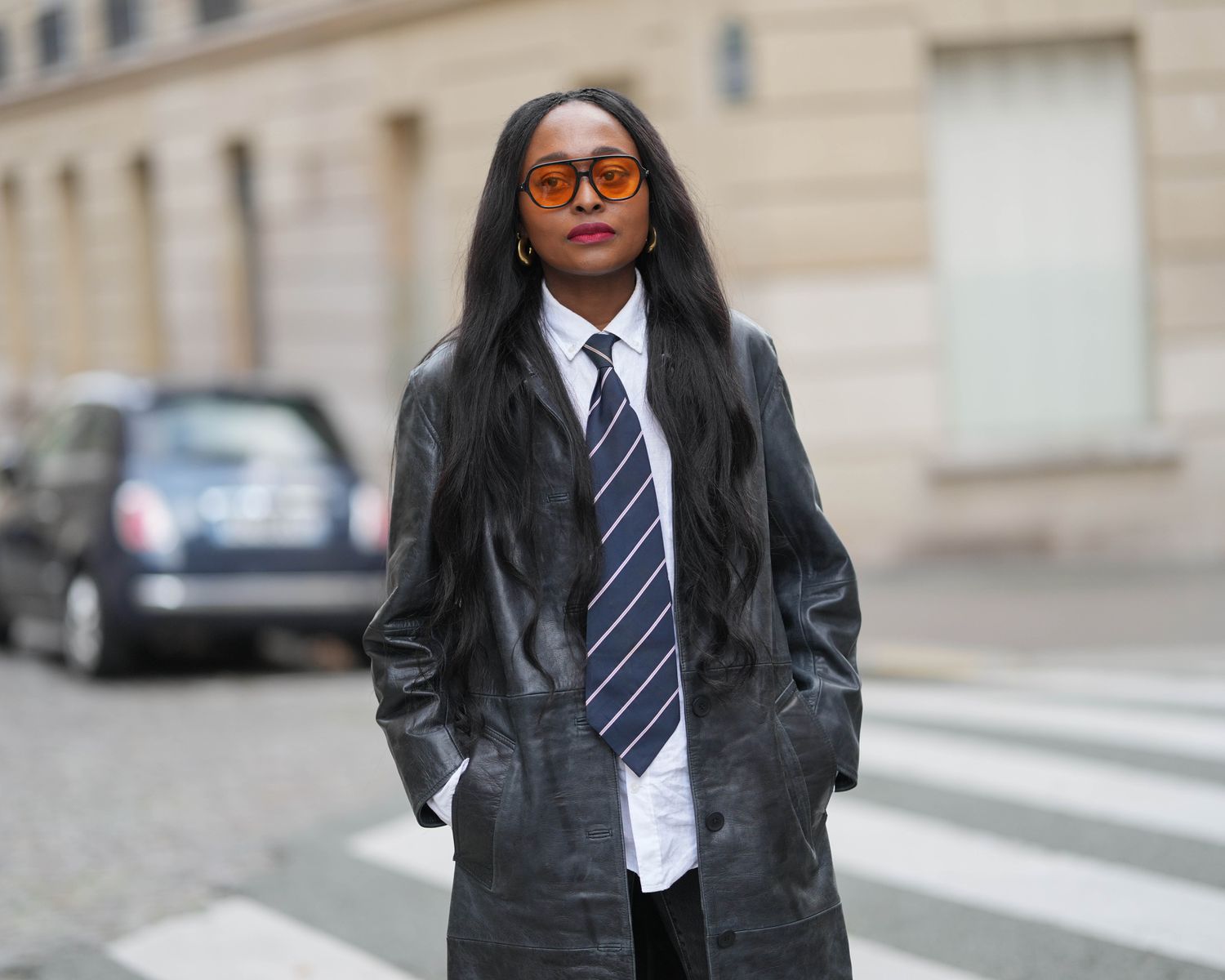 Edgy Office: Black Leather Car Coat with Tie and Orange Sunglasses Edgy Office: Black Leather Car Coat with Tie and Orange Sunglasses — Car Coat Outfits