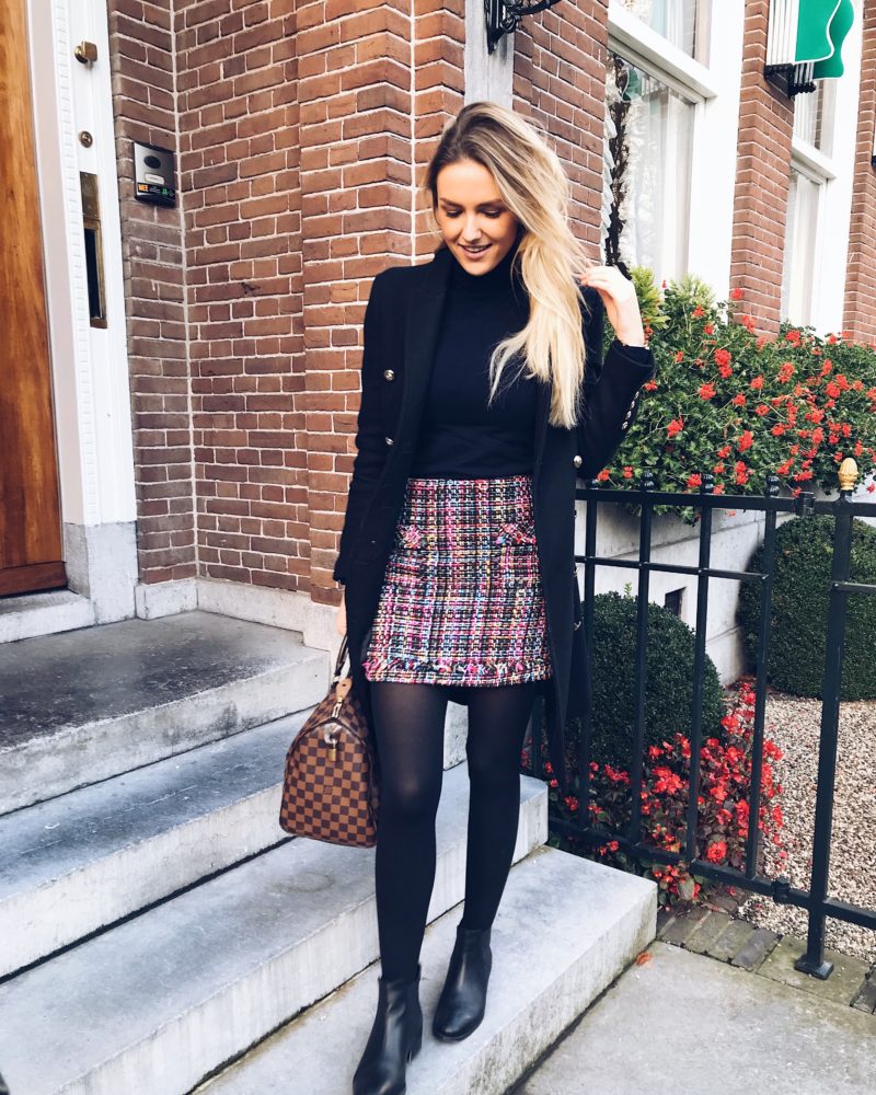 Tweed Mini Skirt and Black Coat: A Chic Winter Pairing Tweed Mini Skirt and Black Coat: A Chic Winter Pairing — Winter Going Out Outfits