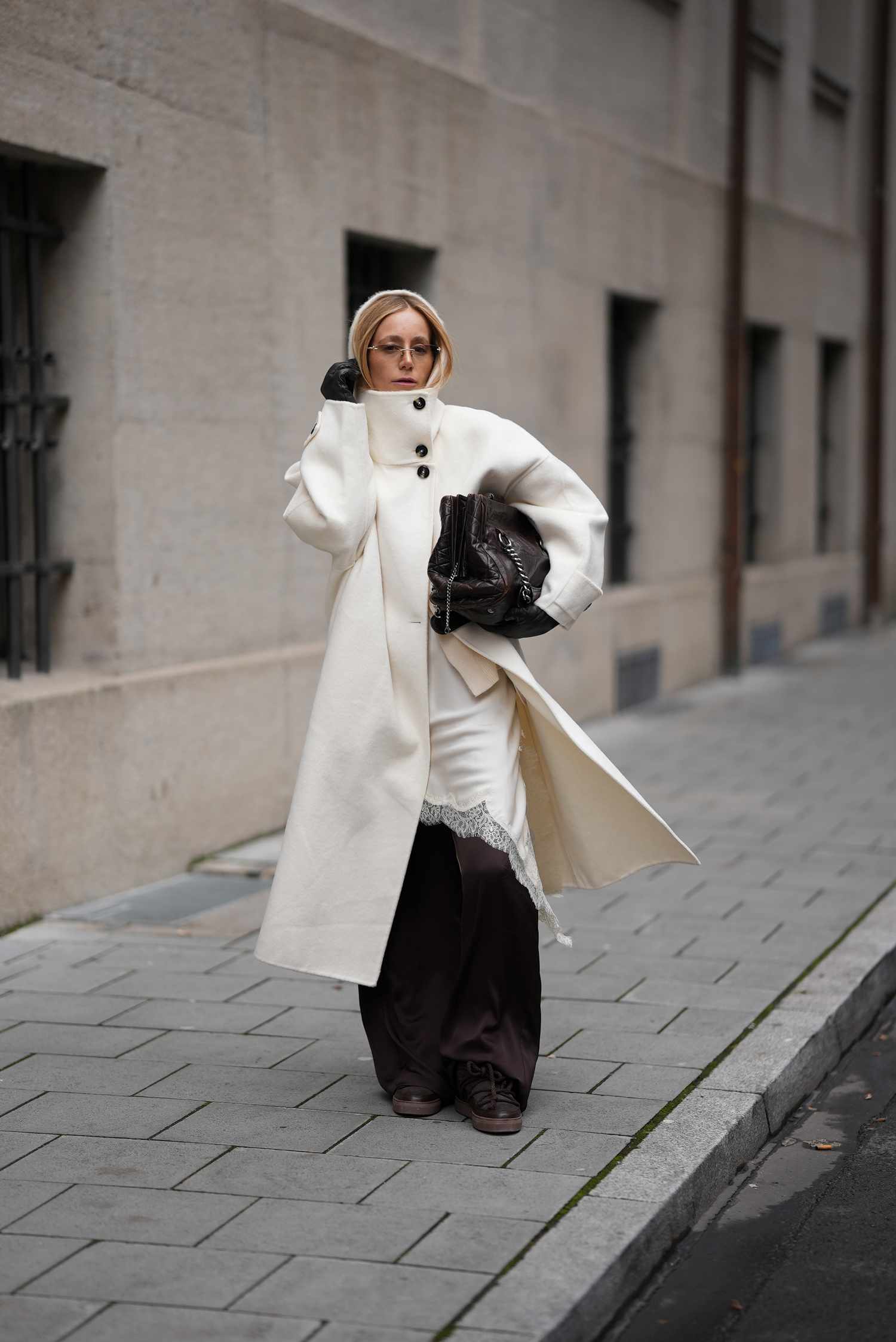 Long Cream Coat Over White Lace-Trim Slip Dress — Winter White Outfits