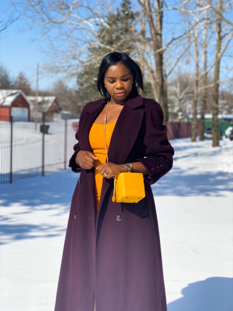 Wool Coat Over Knit Dress with Yellow Handbag — Winter to Spring Transition Outfits
