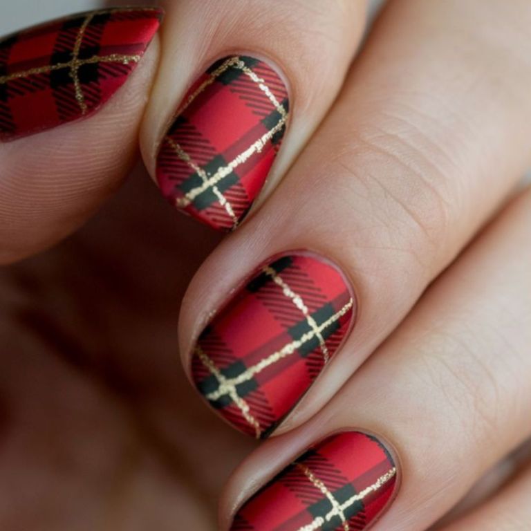 Red Black Plaid Gold Line Medium Square Nails Red Black Plaid Gold Line Medium Square Nails — Winter Square Nails