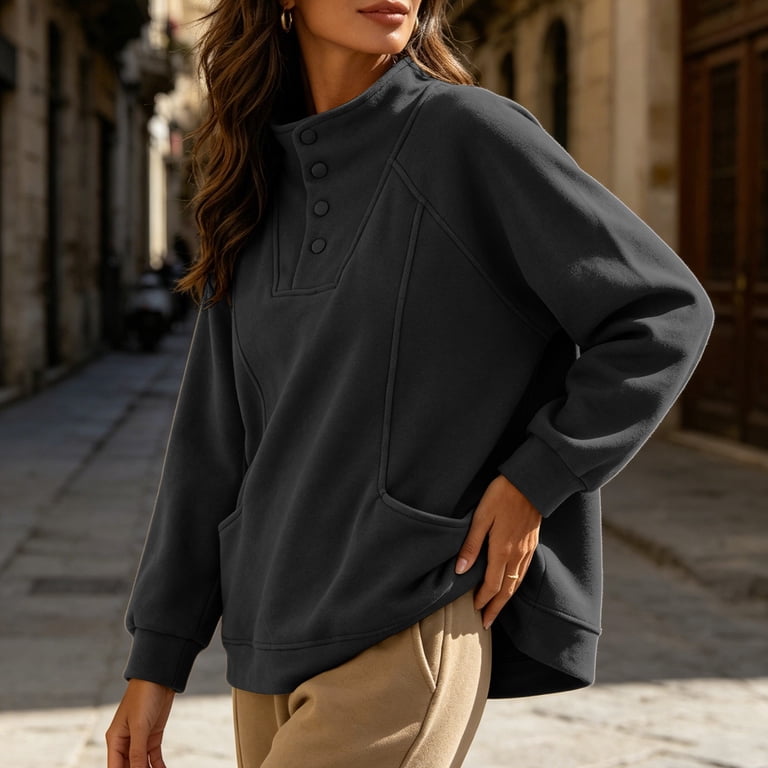 Dark Grey Oversized Sweatshirt with Button Detail — Winter Streetwear Outfits