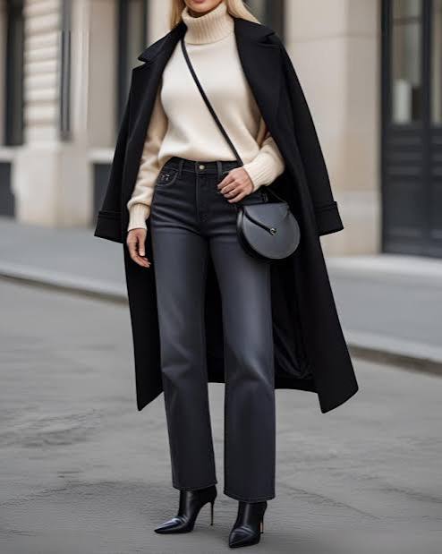 Monochromatic Chic: Black Coat with Grey Jeans — Black Coat Outfits