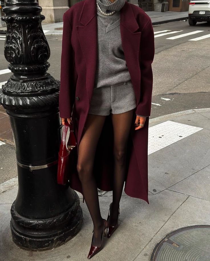 Burgundy Wool Coat Over Grey Separates Burgundy Wool Coat Over Grey Separates — winter outfits for black women