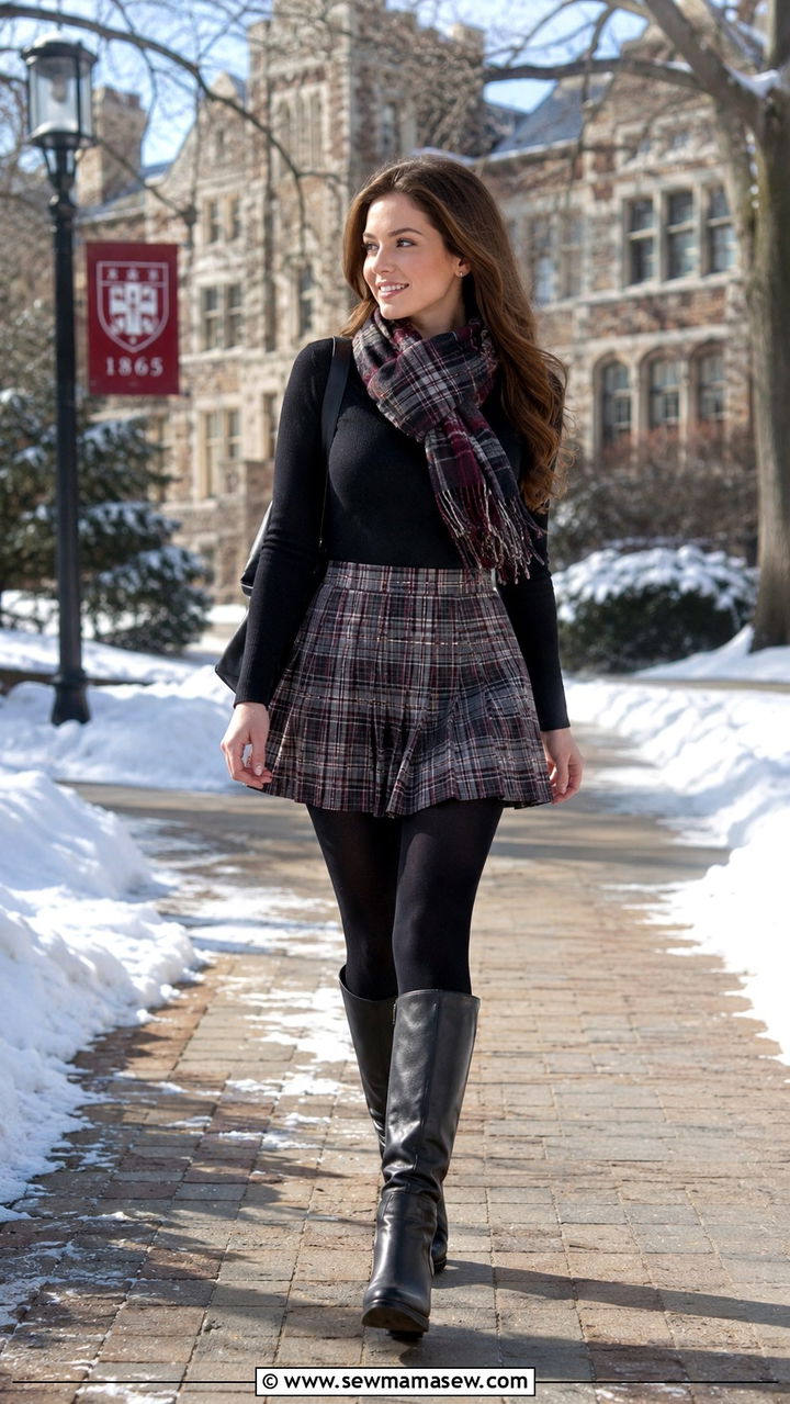 Plaid Mini Skirt with Leather Boots Plaid Mini Skirt with Leather Boots — Winter School Outfits
