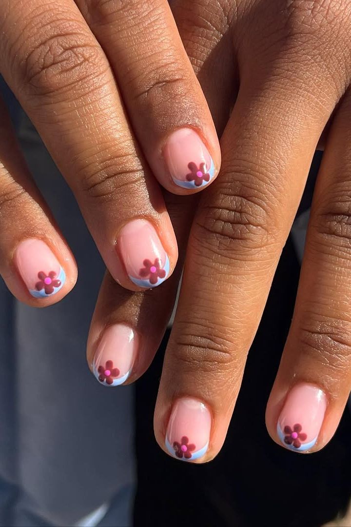 Pink Base with Blue French and Floral Pink Base with Blue French and Floral — simple nail designs