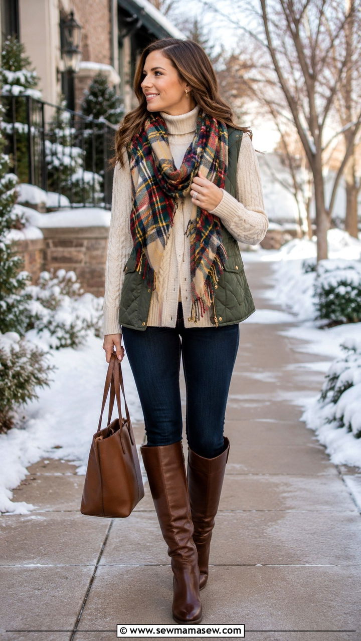 Green Quilted Vest with Plaid Scarf and Skinny Jeans — Late Winter Outfits