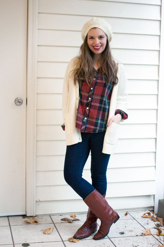 Oversized Cardigan Over Plaid Shirt with Knee-High Boots — Oversized Sweater Outfits
