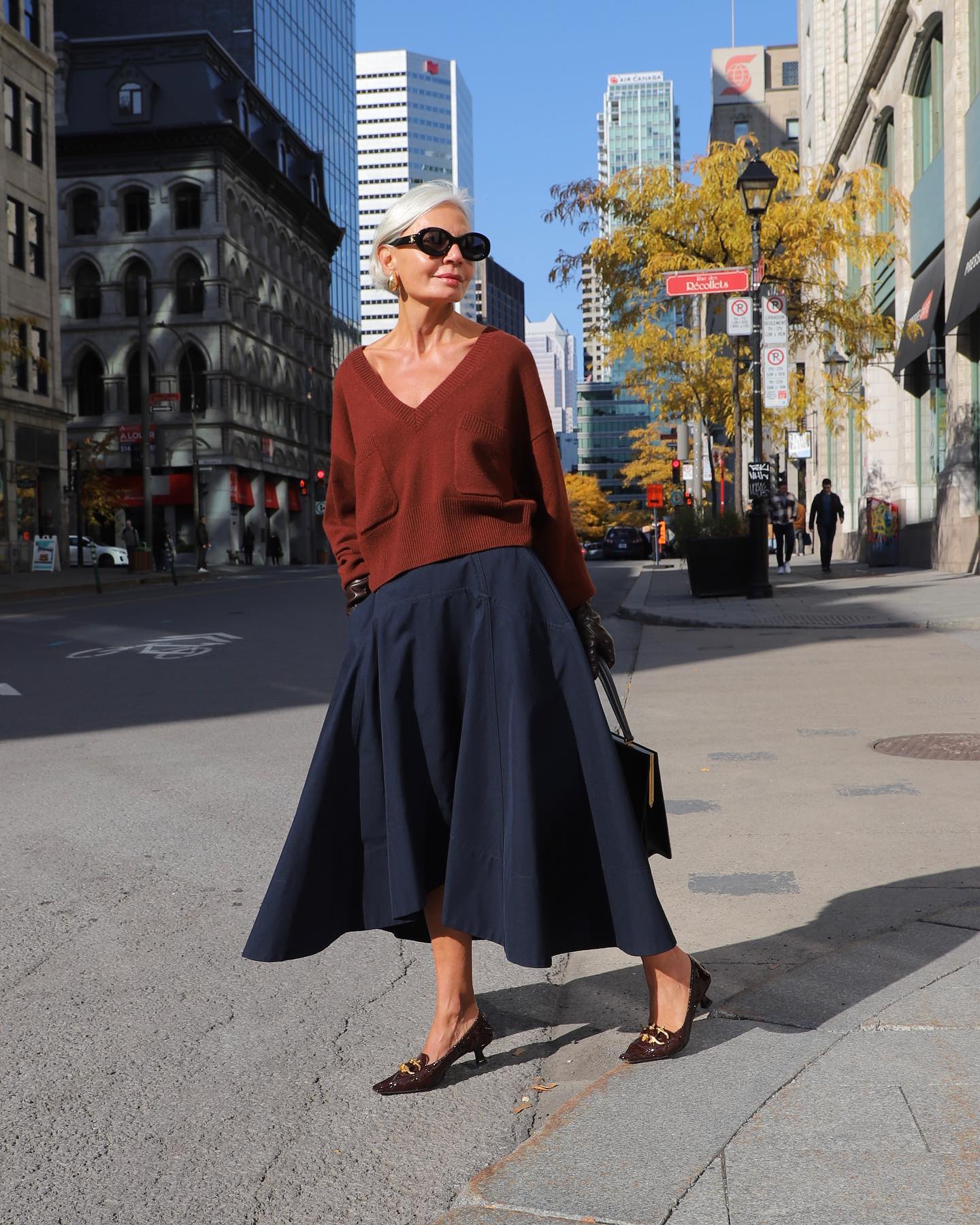 Brown Mini Skirt with Oversized Wool Coat and Sock Boots — Winter Skirt Outfits