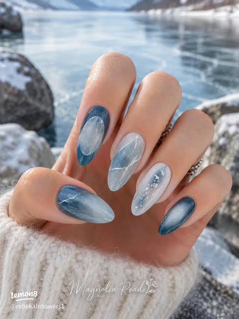 Icy Blue Grey Marble Almond Nails — Winter Marble Nails