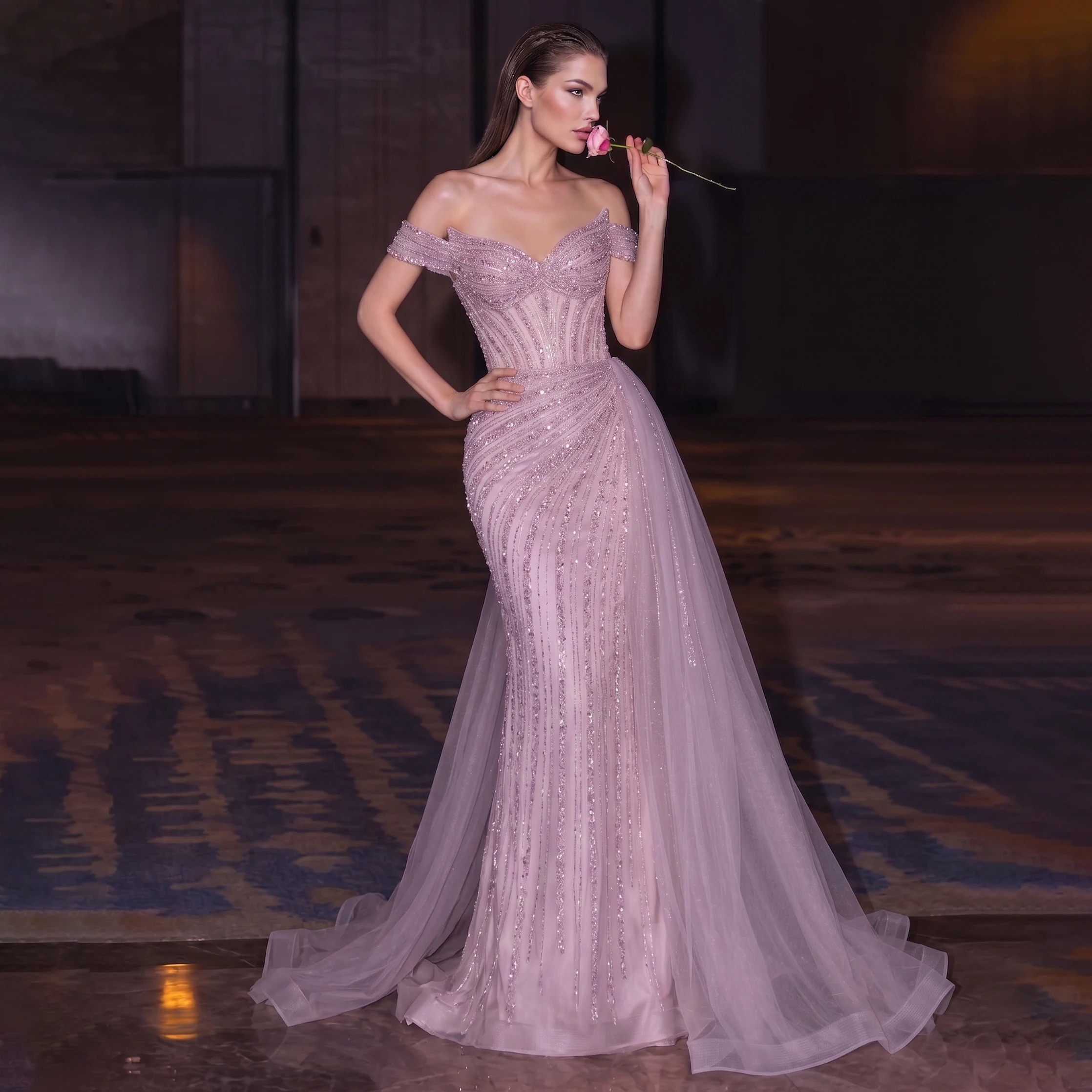 Pale Pink Off-the-Shoulder Gown with Beading and Tulle Skirt Pale Pink Off-the-Shoulder Gown with Beading and Tulle Skirt — Winter Formal Dresses