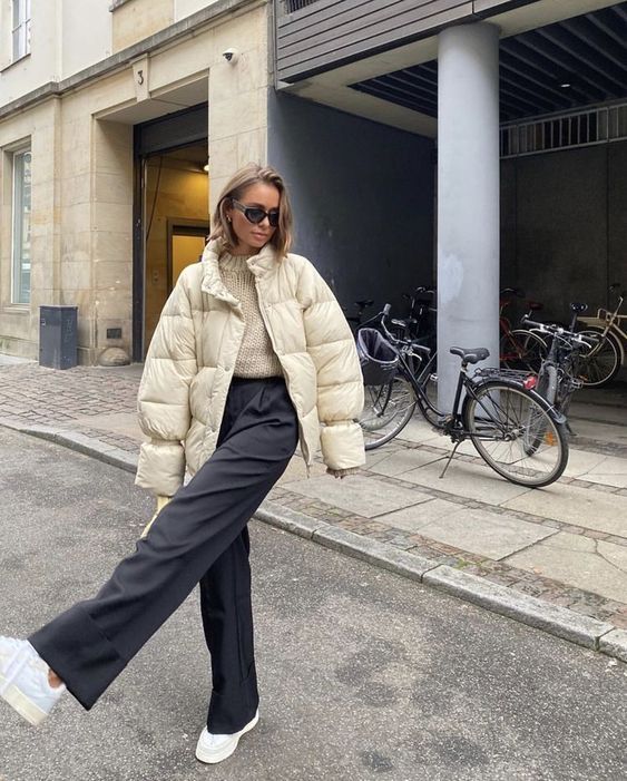 Oversized Cream Puffer Jacket with Black Trousers Oversized Cream Puffer Jacket with Black Trousers — Aesthetic Winter Outfits