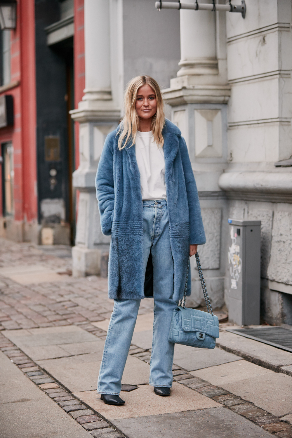 Monochromatic Blue Faux Fur Coat with White Tee and Jeans — NYC Winter Outfits