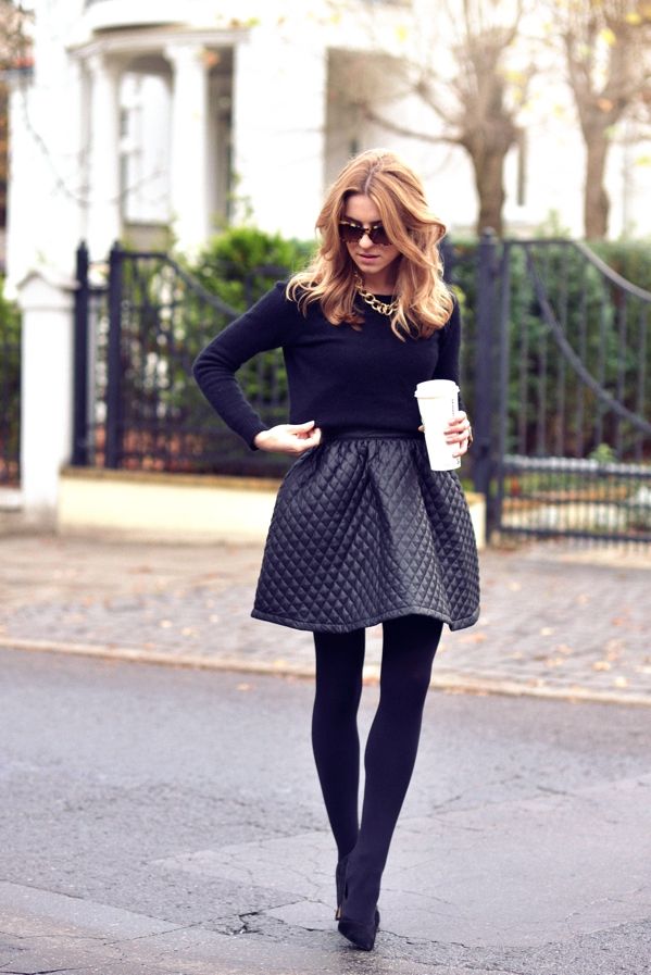 Quilted Mini Skirt and Tights for Casual Daywear Quilted Mini Skirt and Tights for Casual Daywear — All Black Winter Outfits
