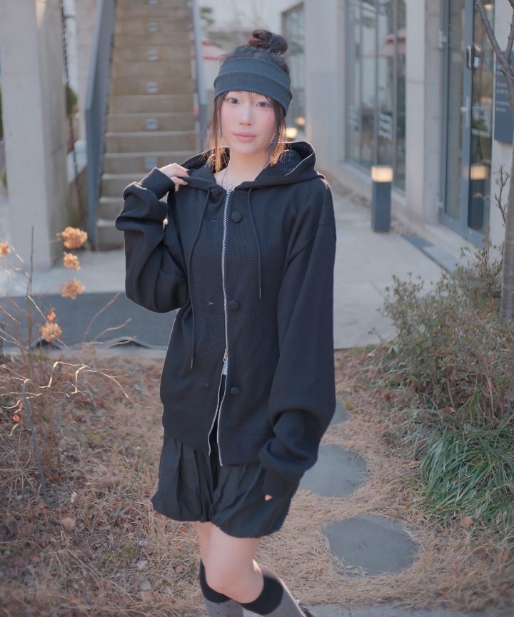 Oversized Black Zip-Up Jacket Over Dress — Korean Winter Outfits