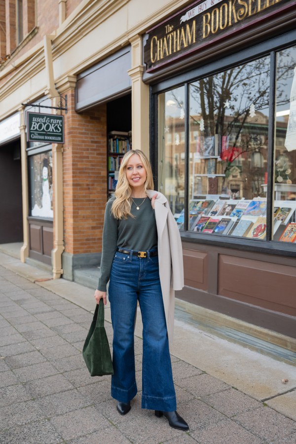 Beige Long Coat Over Crewneck and Wide-Leg Jeans Beige Long Coat Over Crewneck and Wide-Leg Jeans — Early Winter Outfits