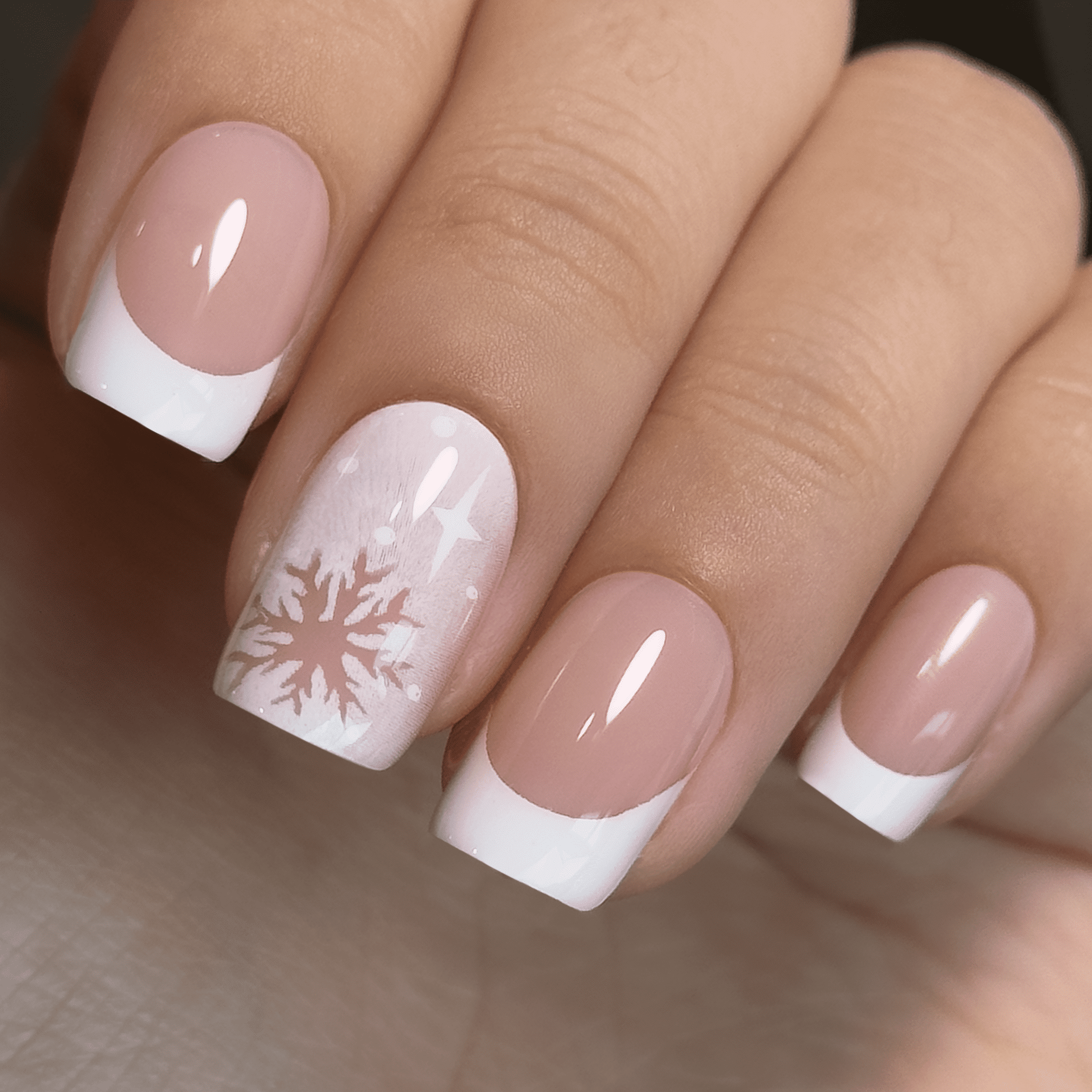 Nude French with Snowflake Accent Nude French with Snowflake Accent — Winter Squoval Nails