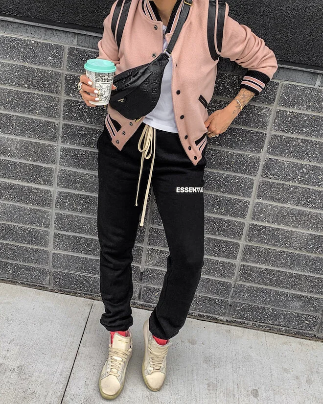 Pink Varsity Jacket with Black Sweatpants — Sweatpants Outfits