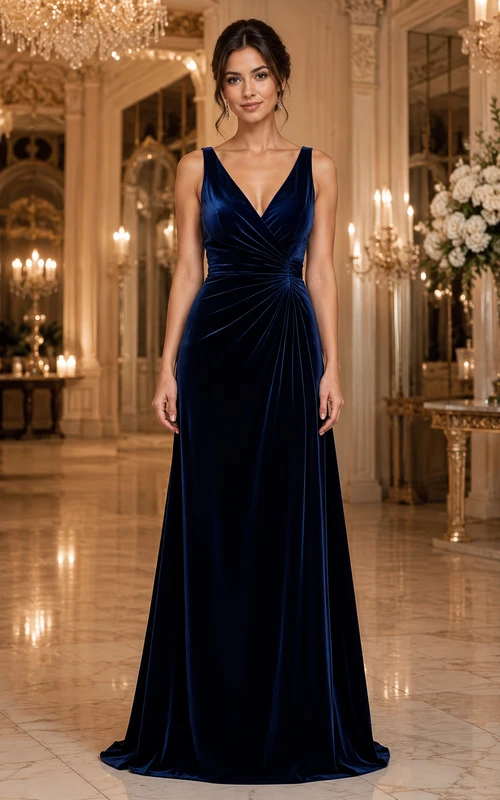 Deep Navy Blue Velvet Maxi Dress with Ruching Deep Navy Blue Velvet Maxi Dress with Ruching — Winter Formal Dresses