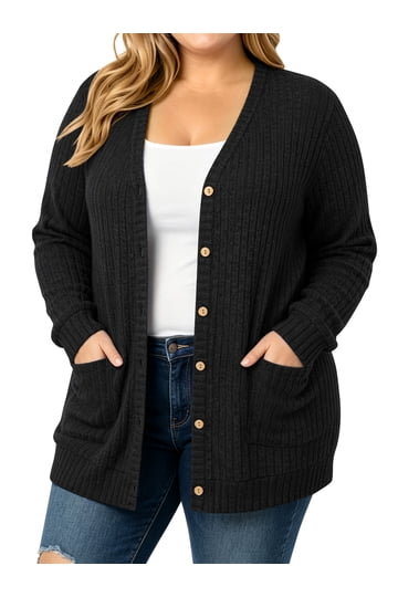 Versatile Black Ribbed Cardigan with Wooden Buttons Versatile Black Ribbed Cardigan with Wooden Buttons — Winter Outfits for Plus Size Women