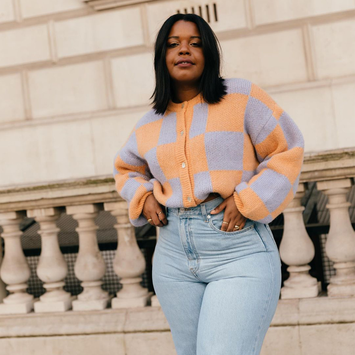 Orange and Lilac Checkered Cropped Cardigan with Straight Leg Jeans — Cardigan Outfits