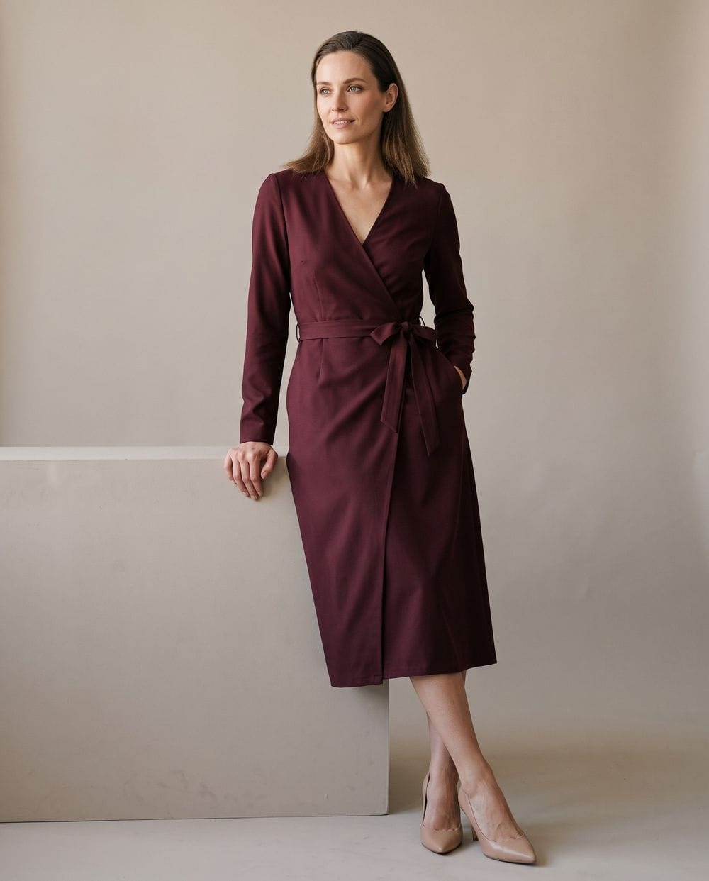 Burgundy Crepe Wrap Dress with Nude Heels for a Sleek Look Burgundy Crepe Wrap Dress with Nude Heels for a Sleek Look — Winter Wedding Guest Outfits