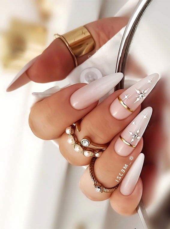 Nude To White Gradient Stiletto With Gold Accents Nude To White Gradient Stiletto With Gold Accents — Winter Stiletto Nails