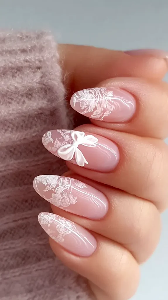 Sheer Pink Lace with 3D Bow Sheer Pink Lace with 3D Bow — Lace Nails