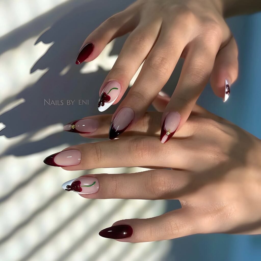 Stiletto with Cherry Art and French Tips Stiletto with Cherry Art and French Tips — Black Cherry Nails