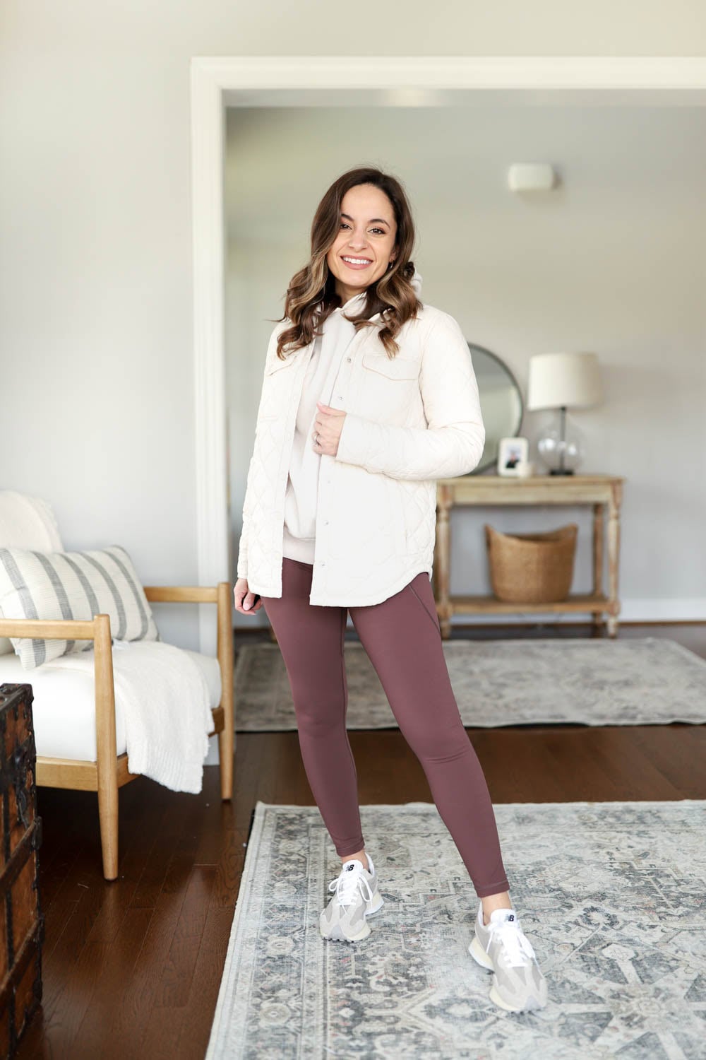 Cream Quilted Jacket and Mauve Leggings for Cozy Workouts — Winter Workout Outfits
