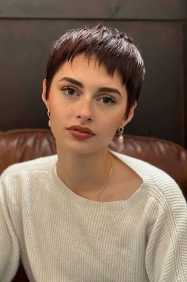 Layered Dark Brown Pixie with Short Fringe Layered Dark Brown Pixie with Short Fringe — very short women haircuts