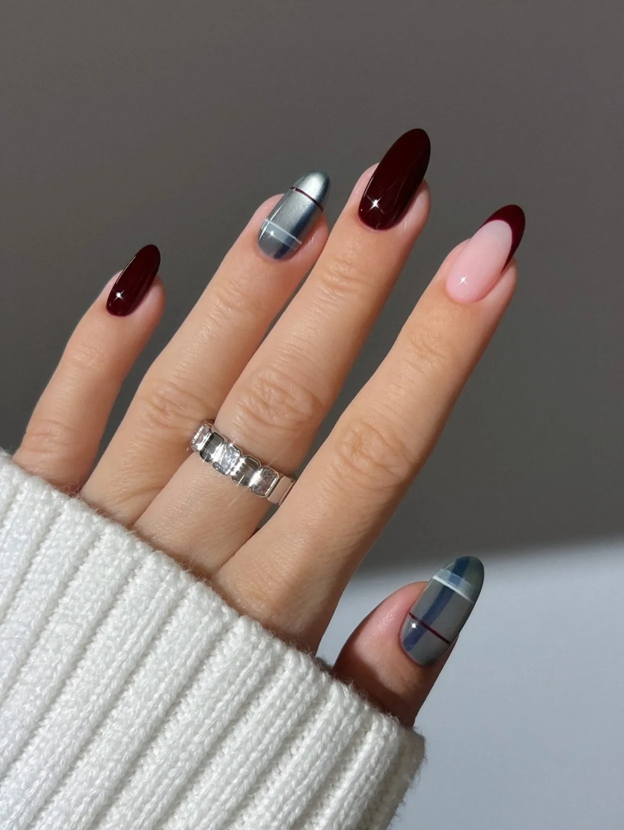 Burgundy Plaid French Tip Almond Nails Burgundy Plaid French Tip Almond Nails — Winter Almond Nails