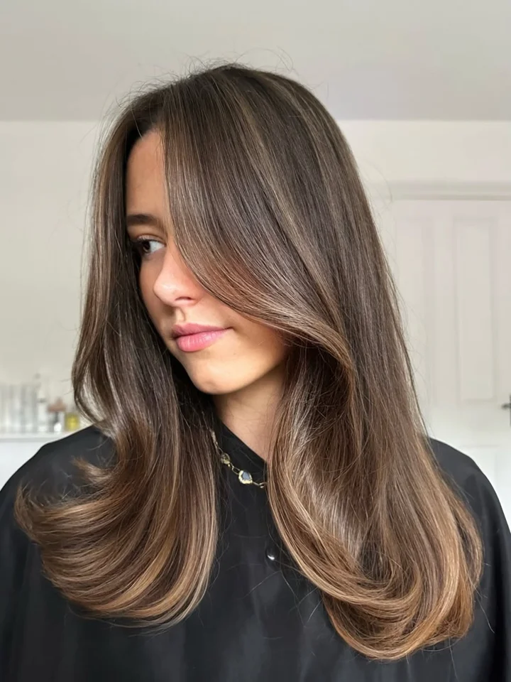Mid-Back Medium Brown With Golden Highlights — Winter Hair Colors for Olive Skin