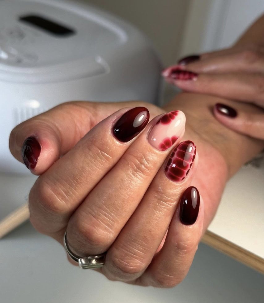 Burgundy with Abstract Marble and Cherry Accent Burgundy with Abstract Marble and Cherry Accent — Burgundy Nails