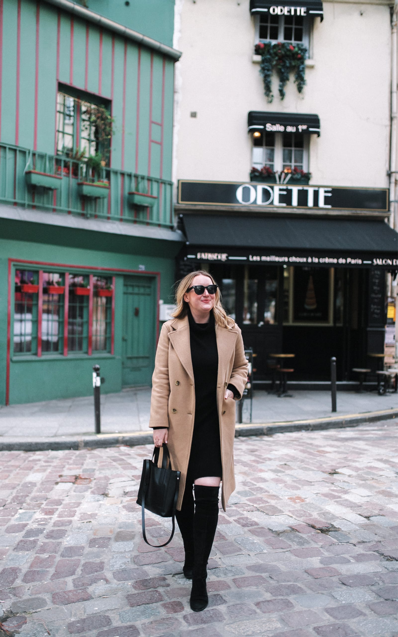 Camel Wool Coat Over Turtleneck Dress with Over-the-Knee Boots — Paris Winter Outfits