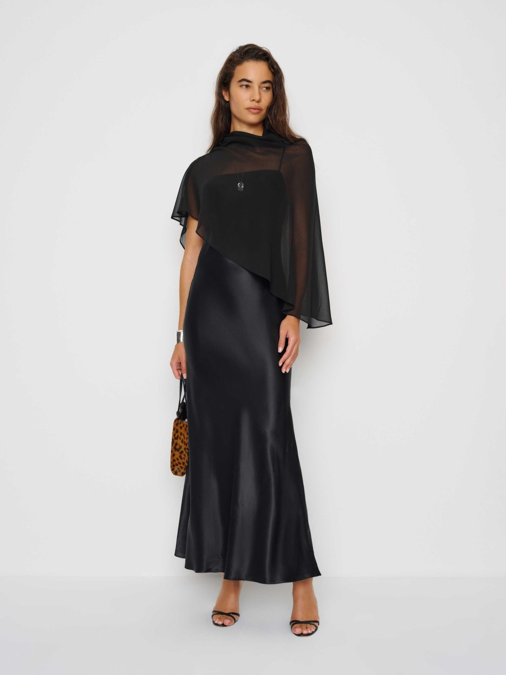 Black Satin Slip Dress with Sheer Chiffon Cape Black Satin Slip Dress with Sheer Chiffon Cape — Dressy Winter Outfits