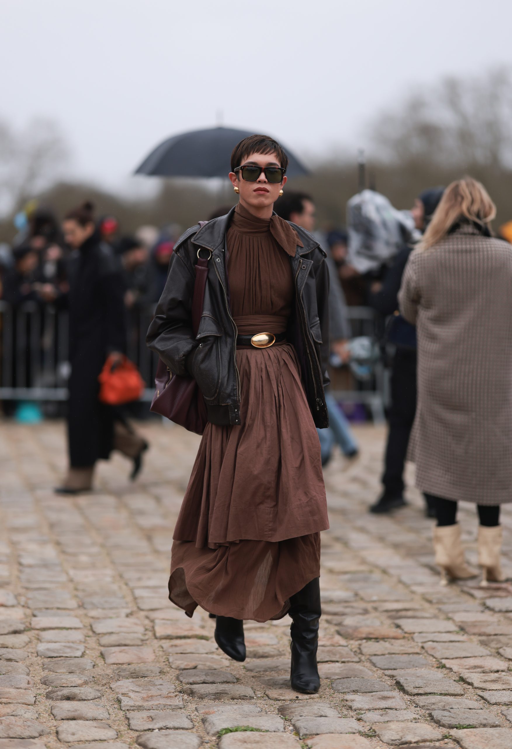 Black Leather Jacket with Brown Tierskirt and Boots — Late Winter Outfits