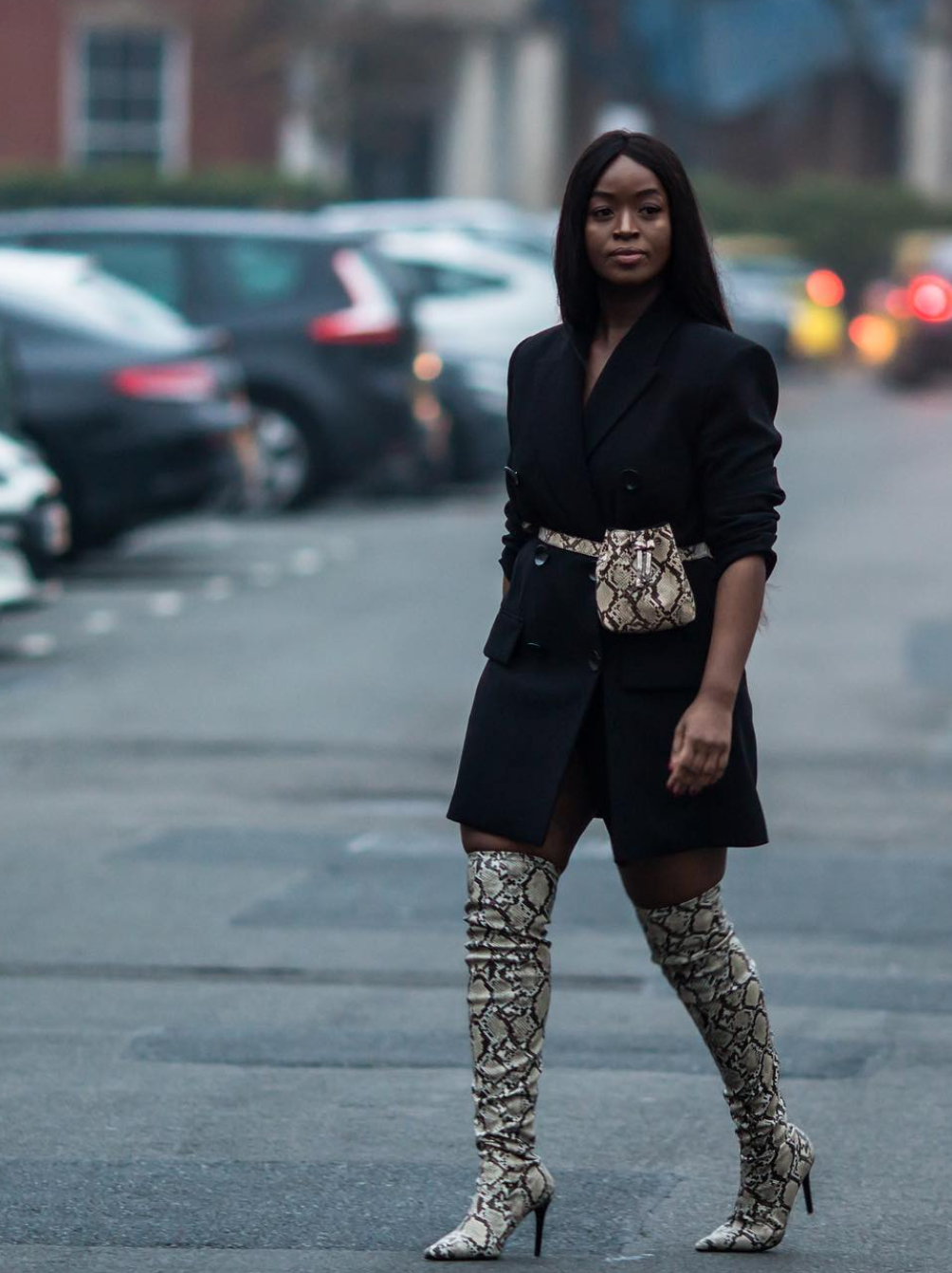 Snakeskin Print Over-the-Knee Boots with Blazer Dress — Over the Knee Boots Outfits