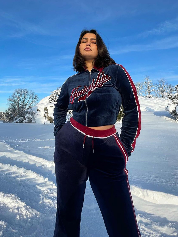 Navy Velour Tracksuit with Contrast Trim — Winter Streetwear Outfits