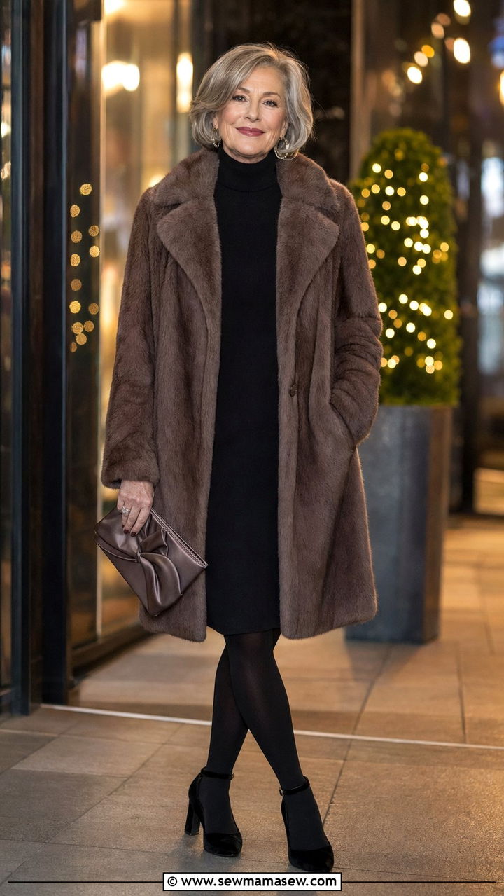 Luxurious Brown Faux Fur Coat Over Black Knit Dress for Evening Glamour Winter Outfits for Women Over 60