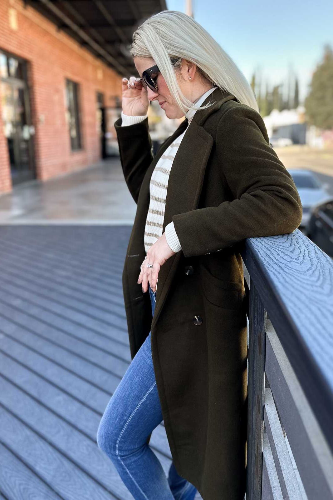 Fitted Olive Green Wool Coat with Striped Turtleneck — Wool Coat Outfits