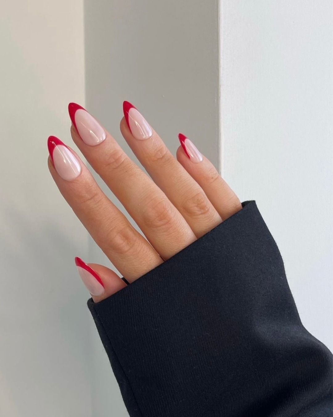 Sheer Nude Red French Tip Almonds Sheer Nude Red French Tip Almonds — Winter Formal Nails