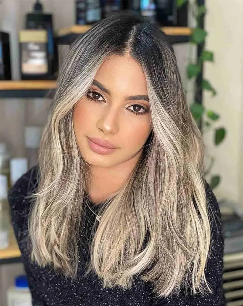 Collarbone Ash Blonde Highlights With Dark Roots — Cool Winter Hair Colors