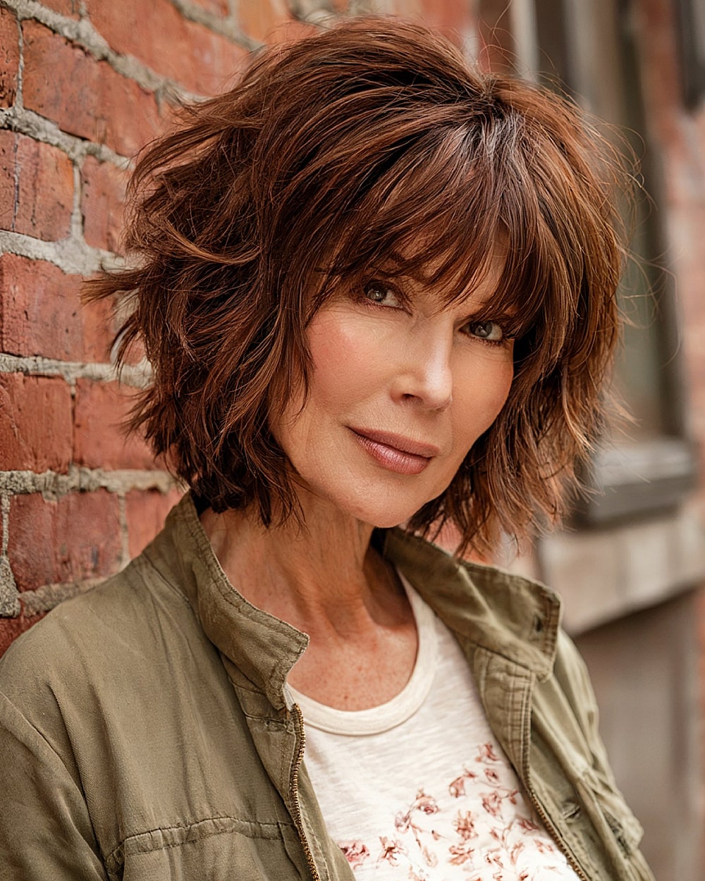 Dark Brown With Auburn Tones Chin Length Shag With Textured Bangs — Winter Haircuts for Women Over 50