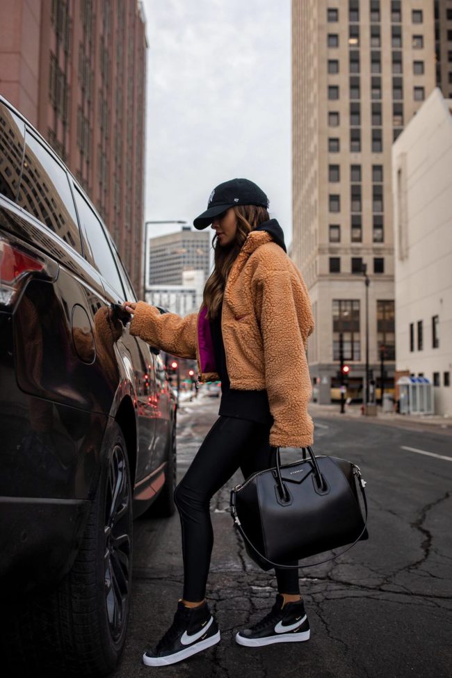 Tan Teddy Jacket and Black Hoodie for Cozy Athleisure — Winter Athleisure Outfits