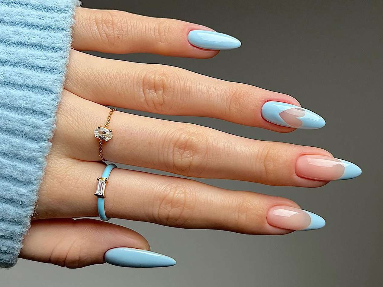 Light Sky Blue Heart Outline Oval Nails Light Sky Blue Heart Outline Oval Nails — Winter to Spring Transition Nails