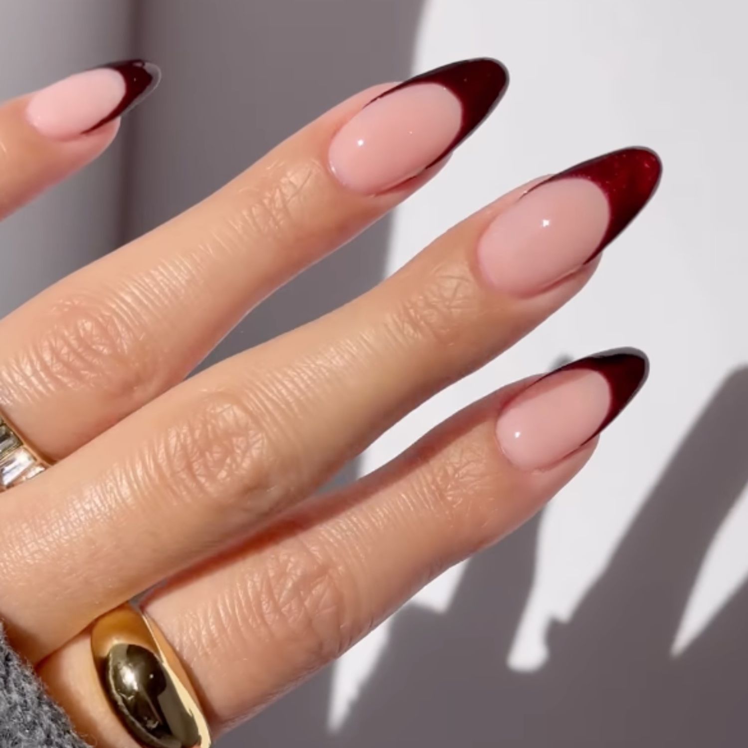 Glitter French Tips on Sheer Pink Long Almond Nails Glitter French Tips on Sheer Pink Long Almond Nails — Winter Nail Colors for Pale Skin