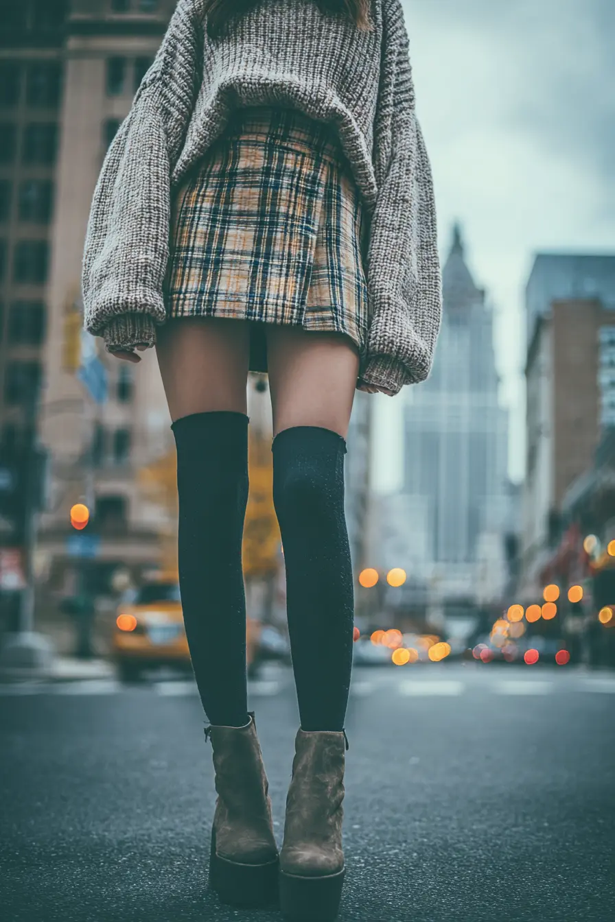 Oversized Grey Sweater with Plaid Mini Skirt for Y2K Academia Oversized Grey Sweater with Plaid Mini Skirt for Y2K Academia — Y2K Winter Outfits