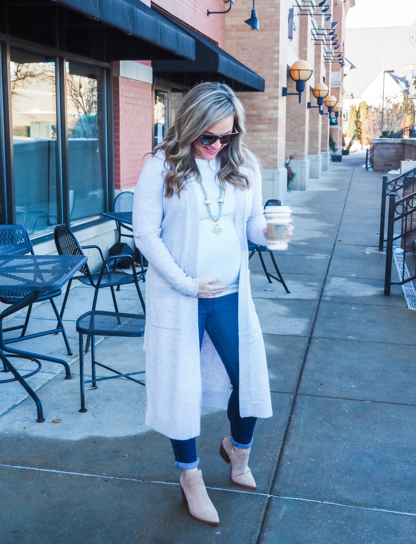 Tan Ankle Boots Outfit Idea — Winter Maternity Outfits
