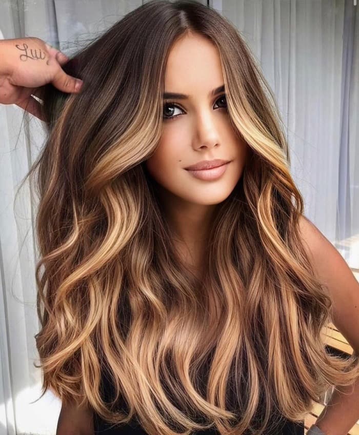 Long Layers Thick Wavy Dark Brown to Ash Blonde Long Layers Thick Wavy Dark Brown to Ash Blonde — Winter Ombre Hair
